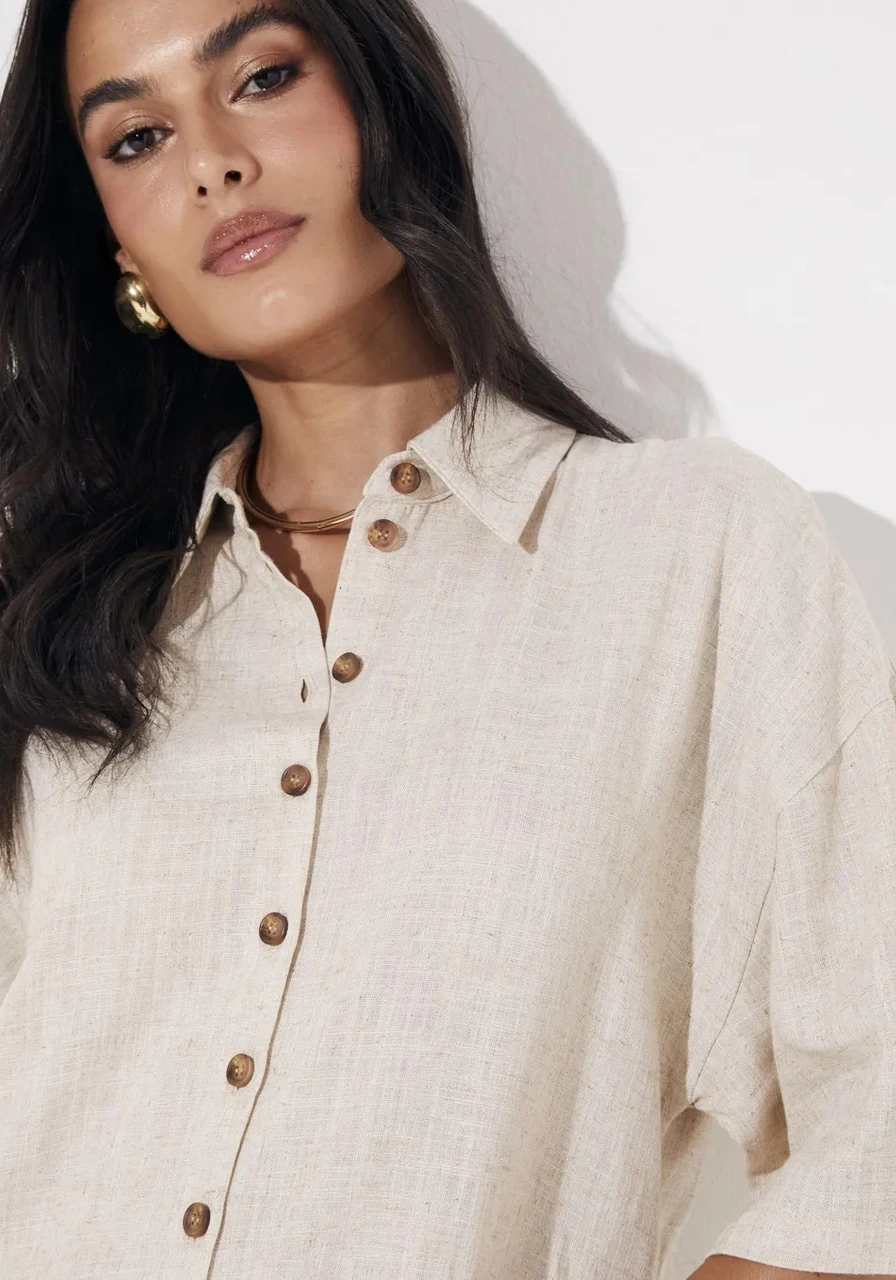 Vestido Linho Bege Greige Sommer Ref 12145