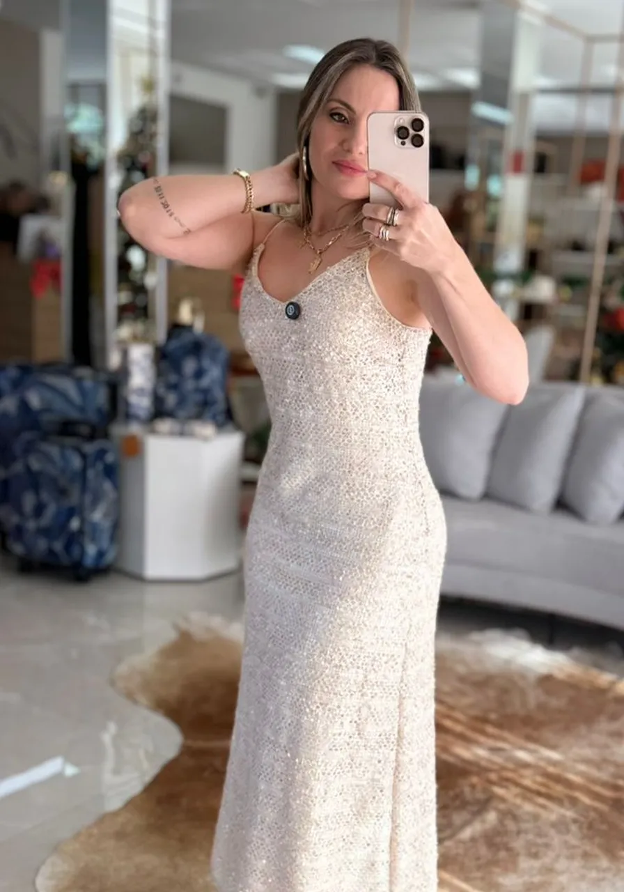 Vestido Paetê Bege Gipsy Longo Sommer Ref 15631