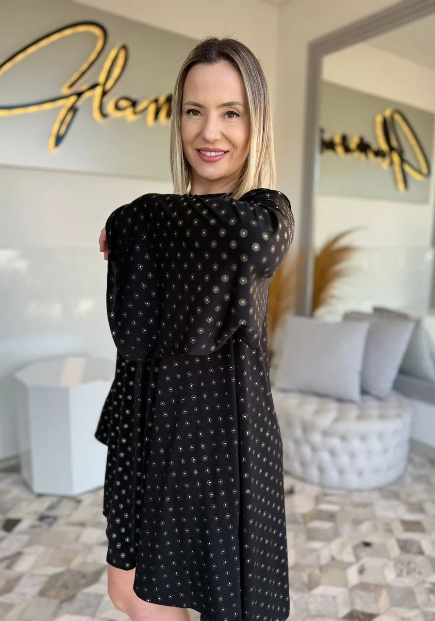 Vestido Evase Manga Longa Sommer Preto/Dourado Ref 14549