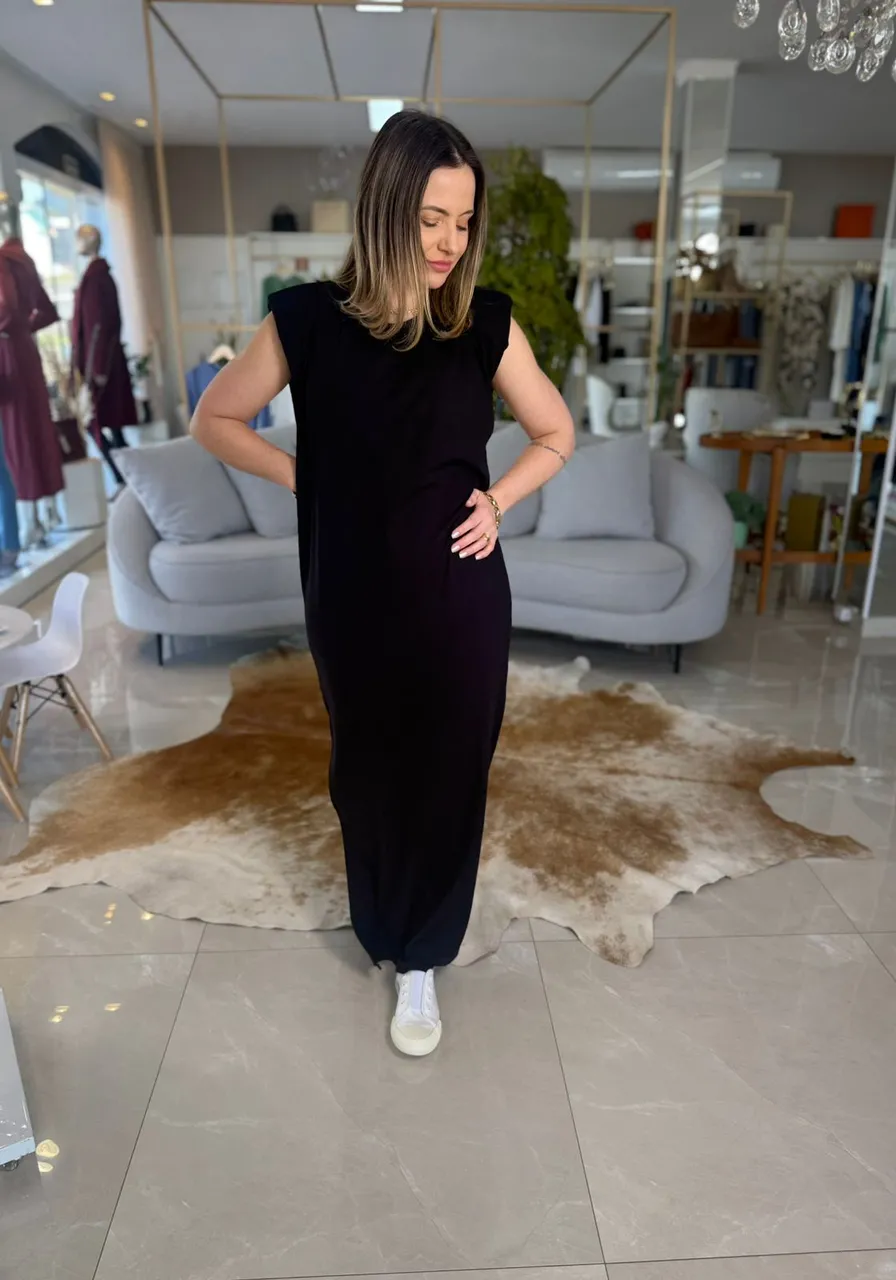 Vestido Sommer Preto Com Ombreiras Ref 14197