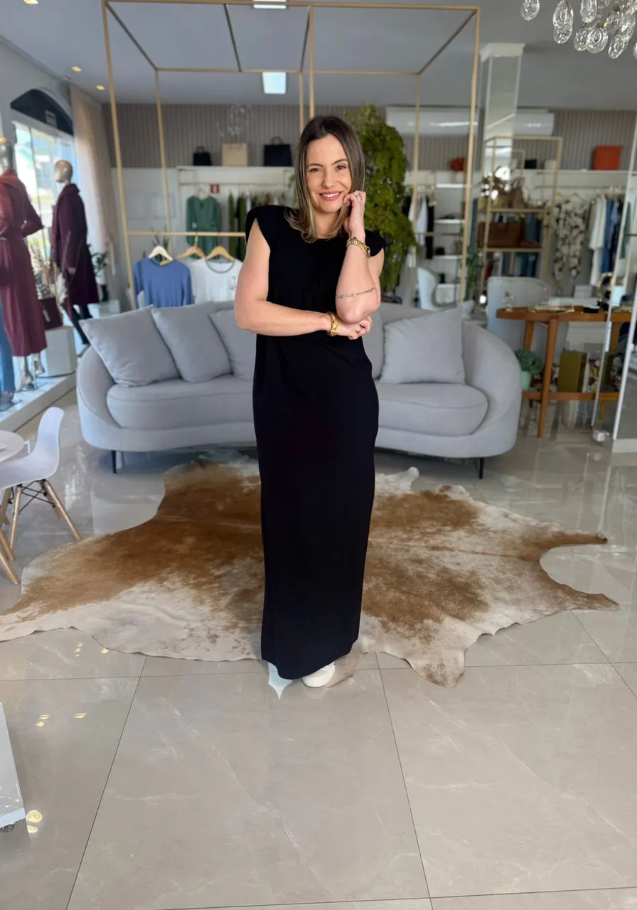 Vestido Sommer Preto Com Ombreiras Ref 14197