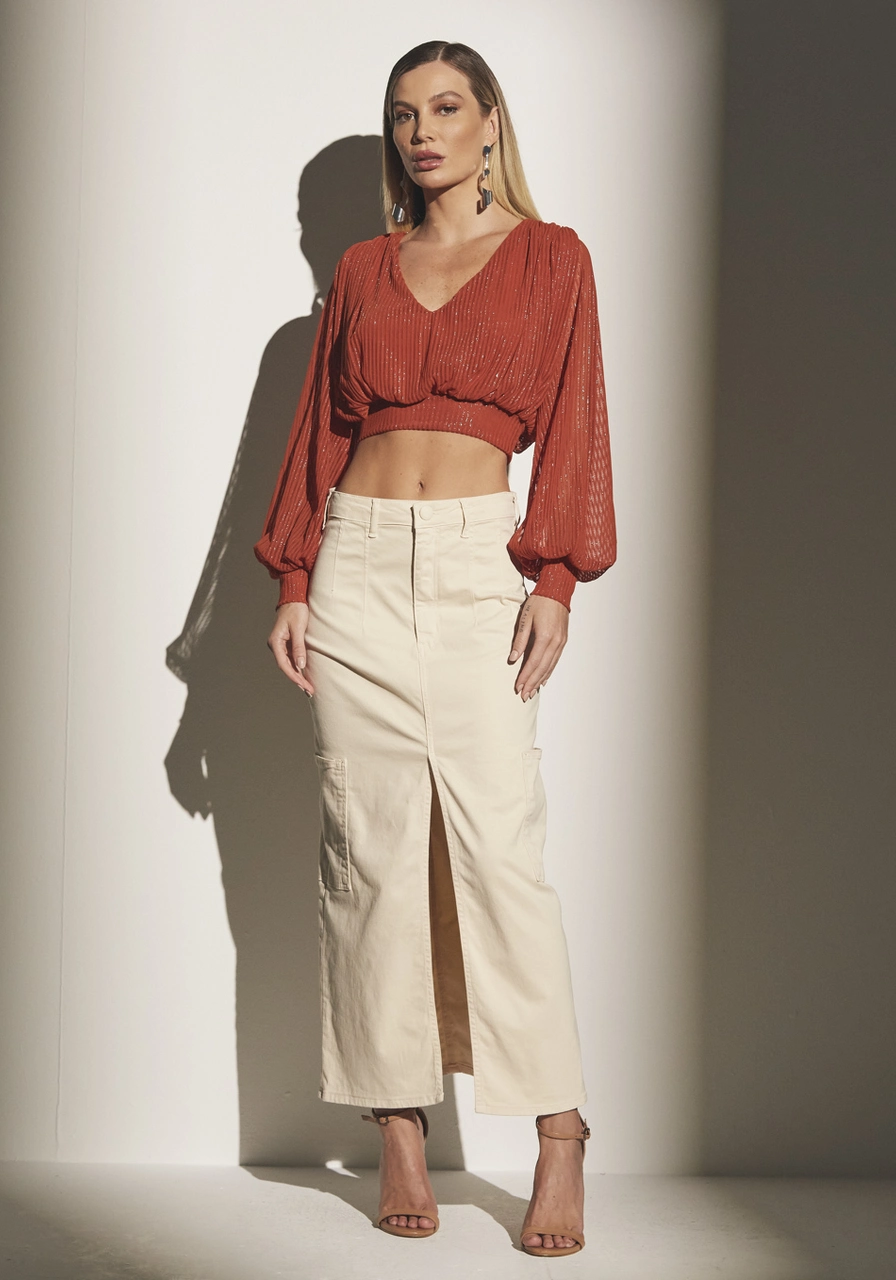 Blusa Cropped Tule Manga Longa Sommer