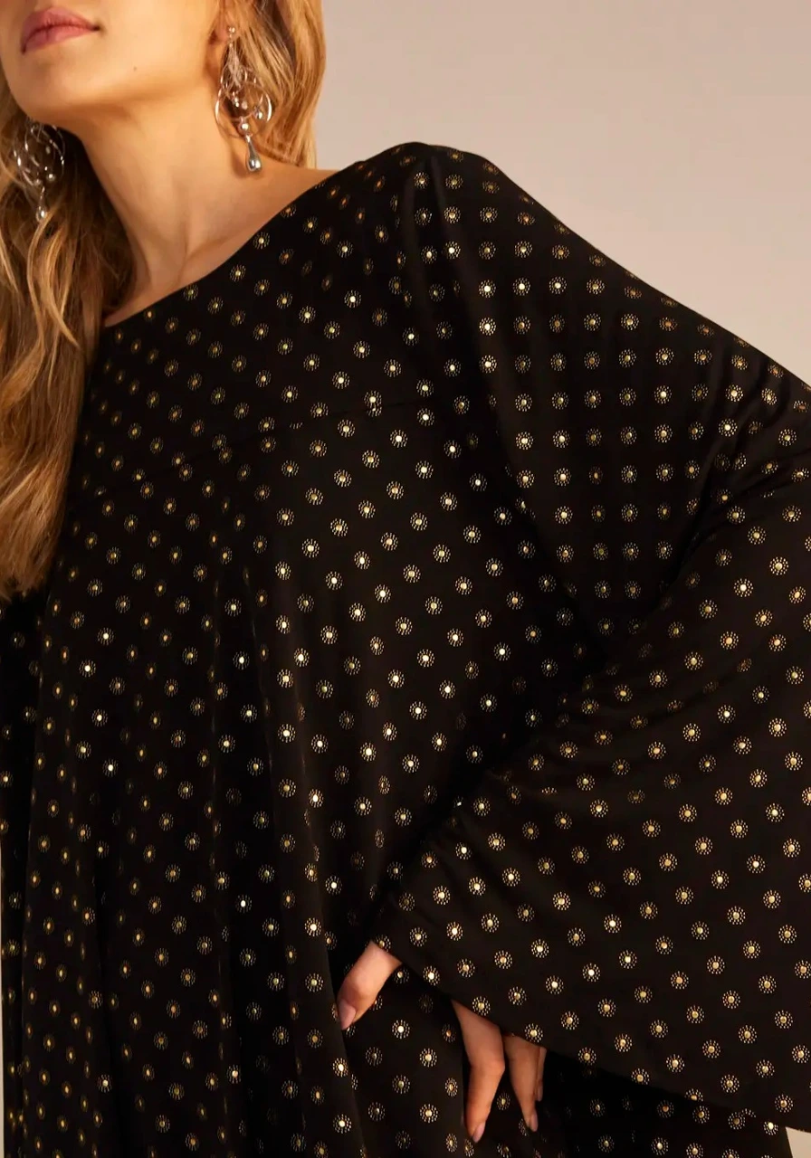 Vestido Evase Manga Longa Sommer Preto/Dourado Ref 14549