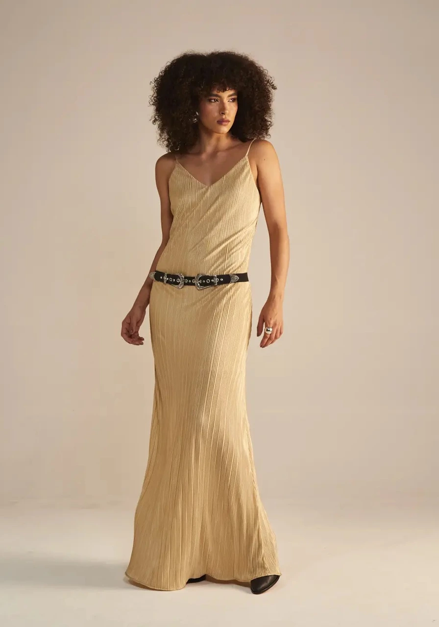 Vestido Longo Plissado Bege Sommer Ref 14335