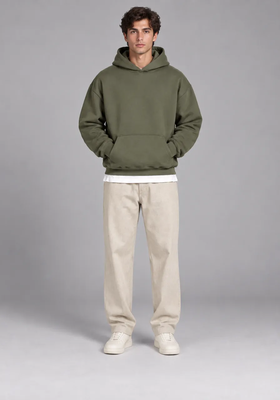 Moletom Masculino Oversized Verde Oliva com Capuz e Bolso Canguru