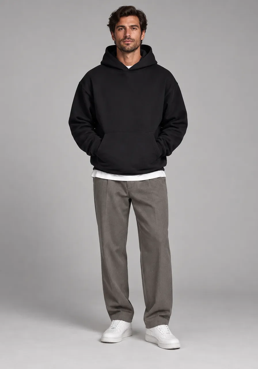 Moletom Masculino Oversized Preto com Capuz e Bolso Canguru