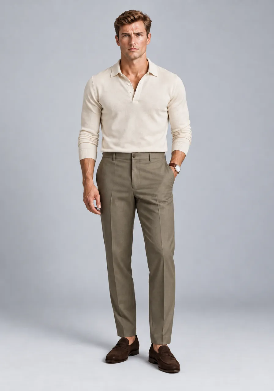 Camisa Polo Masculina Manga Longa Slim Fit Off-White