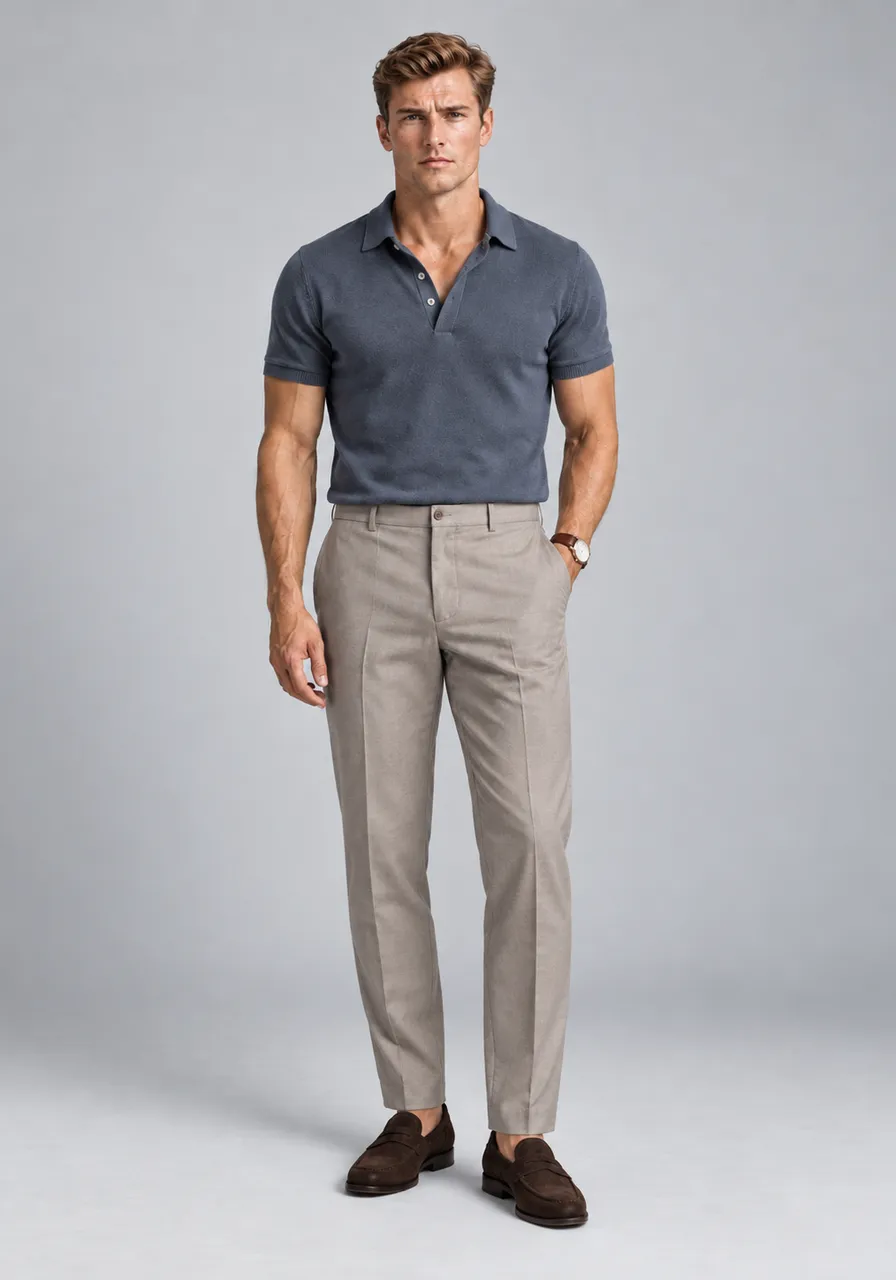 Camisa Polo Masculina Slim Fit Azul Grafite