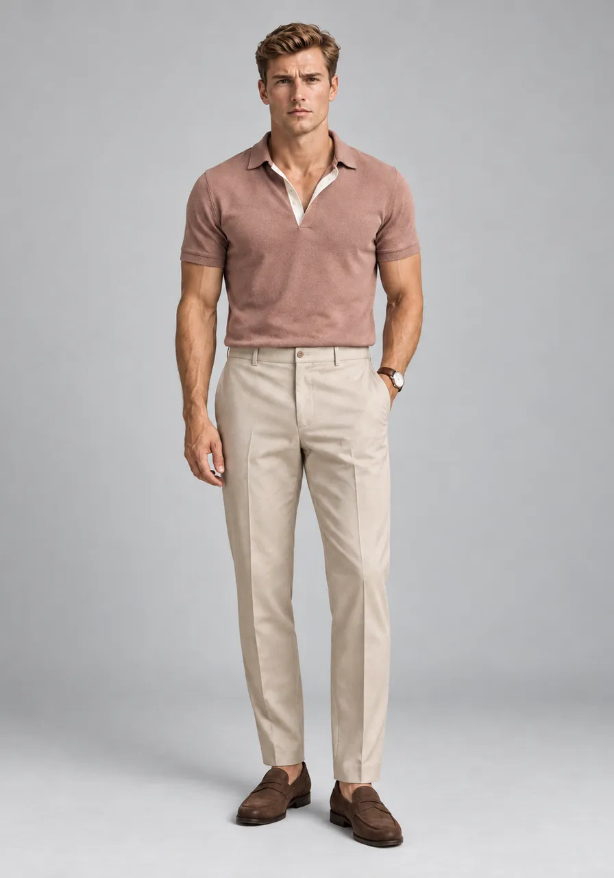 Camisa Polo Masculina Slim Fit Rosé com Detalhes Contrastantes