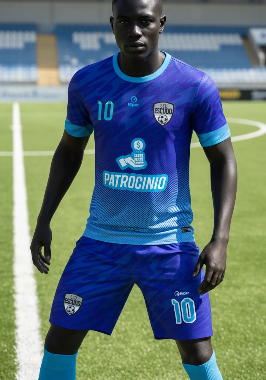 Uniforme de Futebol Personalizado Linha Aurora — Camisa e Calção Azul e Roxo