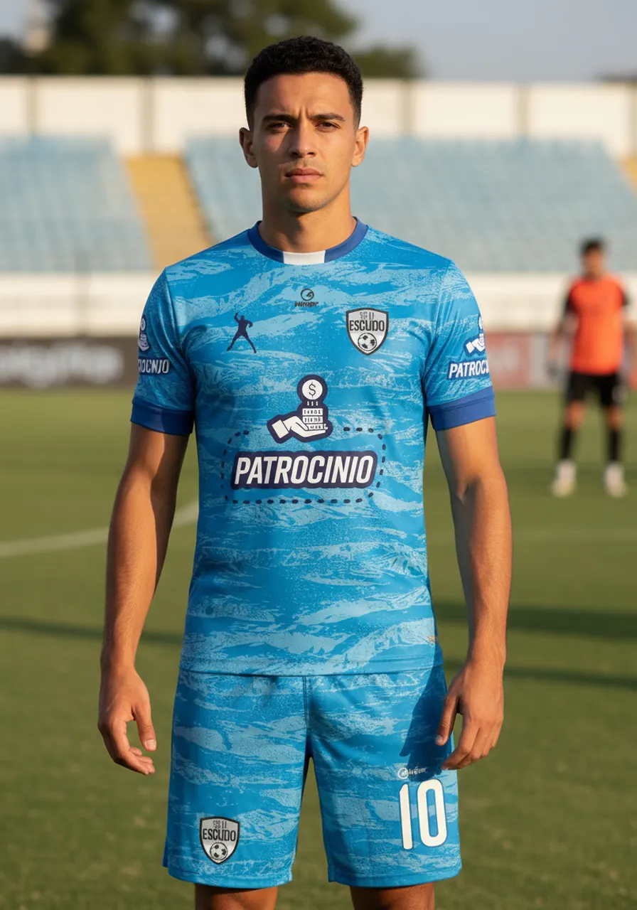 Uniforme de Futebol Personalizado Linha Corrente — Camisa e Calção Azul Texturizado
