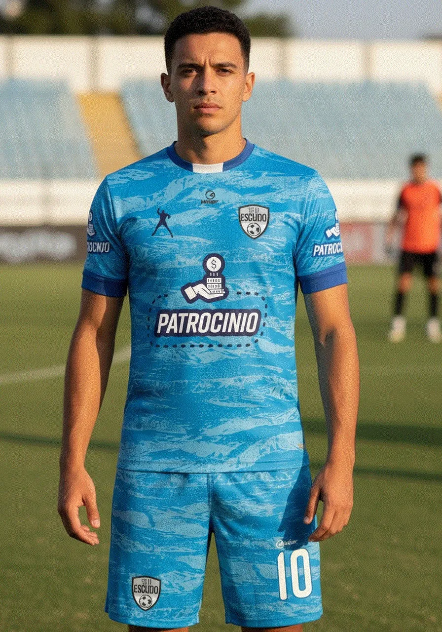 Uniforme de Futebol Personalizado Linha Corrente — Camisa e Calção Azul Texturizado