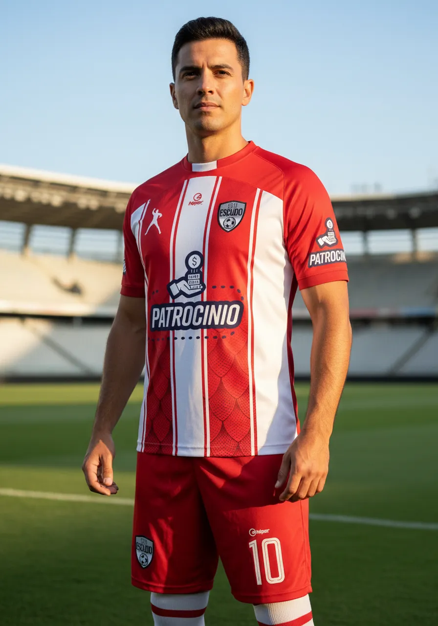 Uniforme de Futebol Personalizado Linha Clássico — Kit Completo Vermelho e Branco Listrado