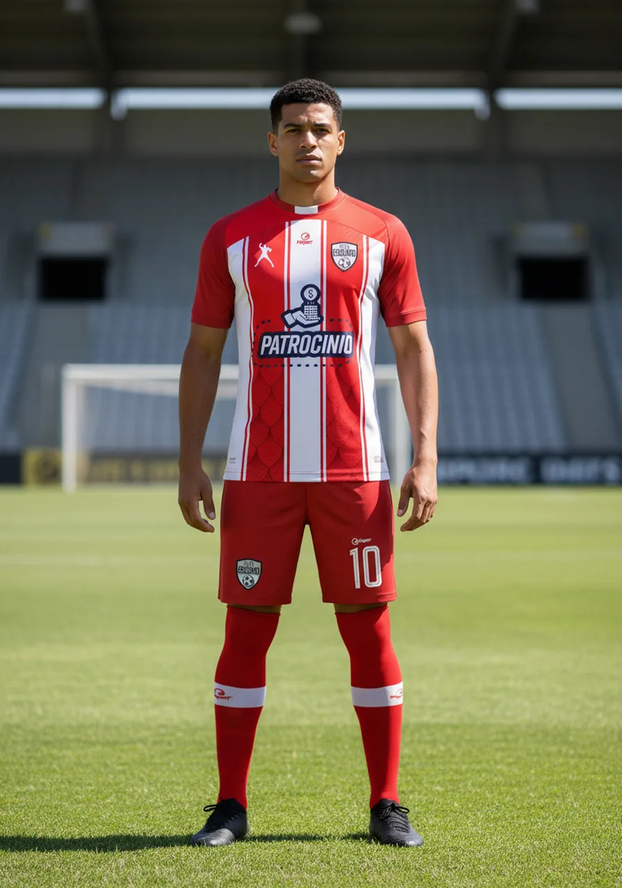 Uniforme de Futebol Personalizado Linha Clássico — Kit Completo Vermelho e Branco Listrado