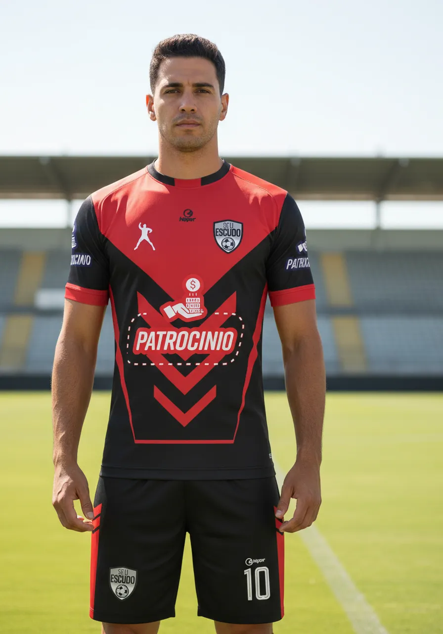 Uniforme de Futebol Personalizado Linha Flecha — Kit Completo Preto e Vermelho