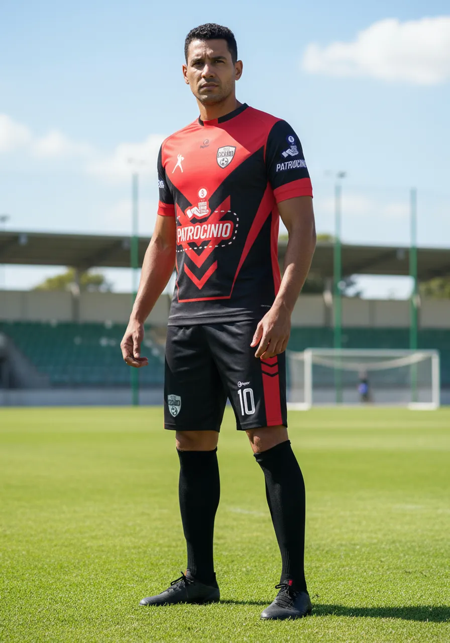 Uniforme de Futebol Personalizado Linha Flecha — Kit Completo Preto e Vermelho