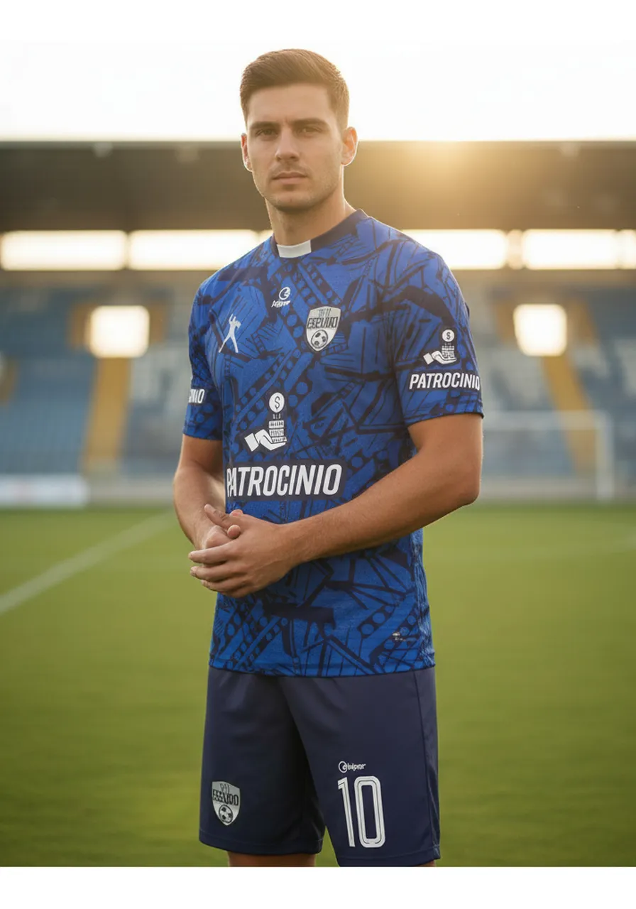 Uniforme de Futebol Personalizado Linha Fragmento — Camisa e Calção Azul Grafismo