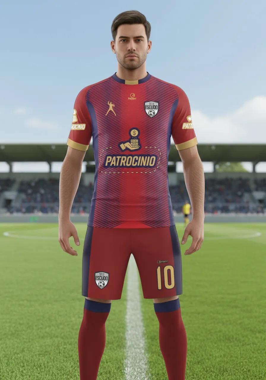 Uniforme de Futebol Personalizado Linha Imperial — Kit Completo Vinho, Marinho e Dourado