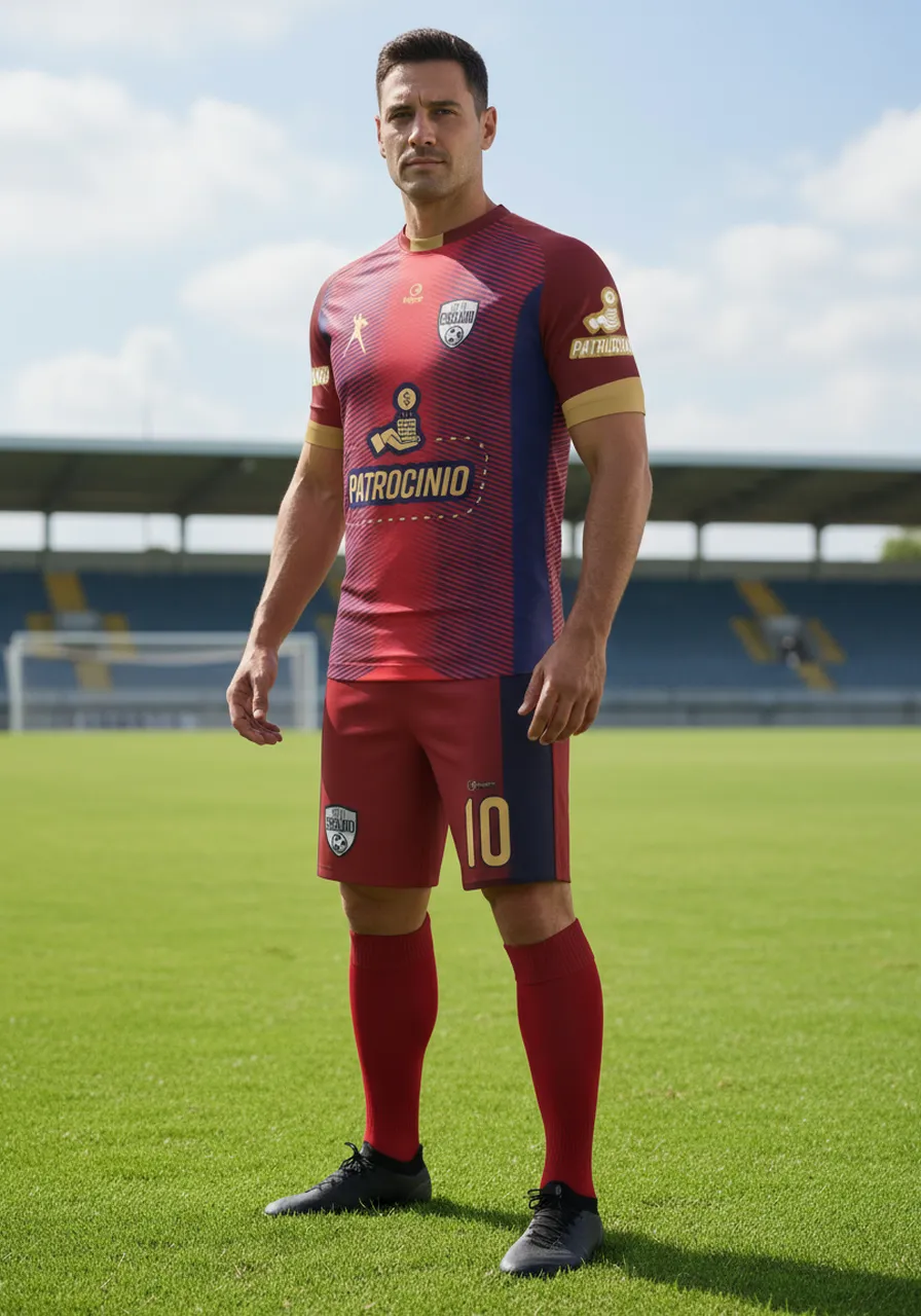 Uniforme de Futebol Personalizado Linha Imperial — Kit Completo Vinho, Marinho e Dourado