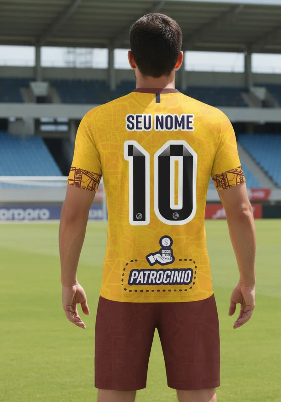 Uniforme de Futebol Personalizado Linha Metrópole — Camisa Amarela e Calção Vinho