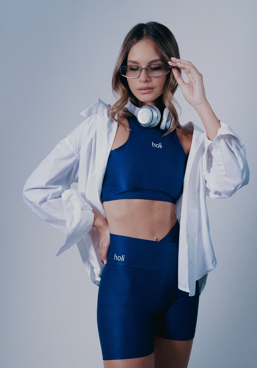 Conjunto Holi Shine — Top Cropped Nadador + Short Cintura V — Azul Royal