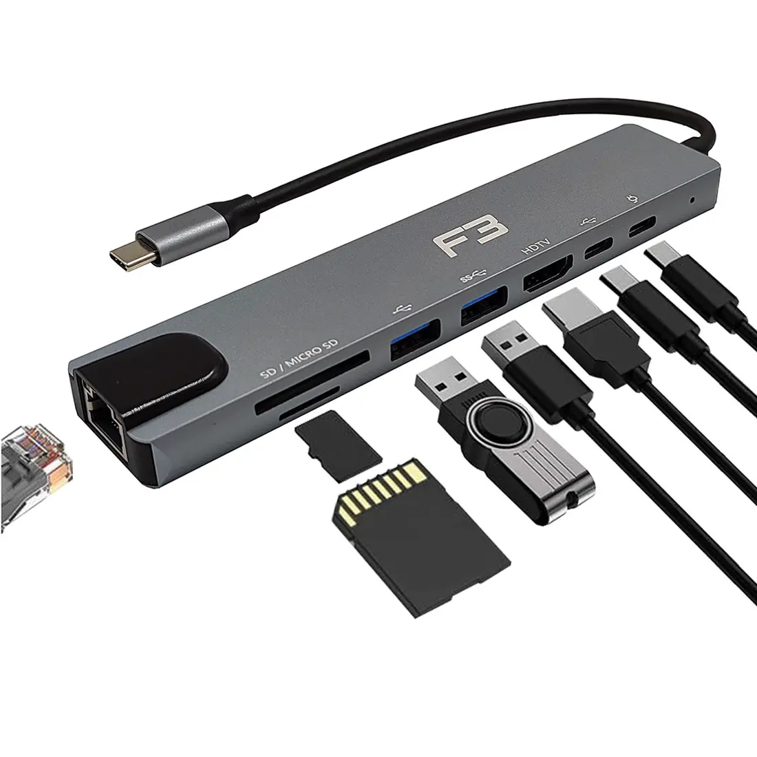 Hub Adaptador Type-c 8 em 1 Para HDMI - Type-c - USB 3.0 - USB 2.0- Micro SD - SD e LAN - imagem 2