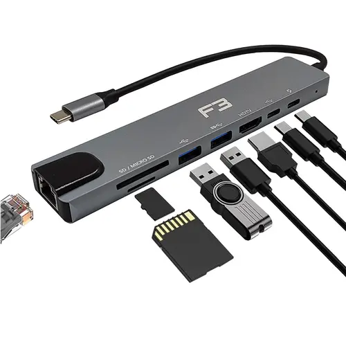 Hub Adaptador Type-c 8 em 1 Para HDMI - Type-c - USB 3.0 - USB 2.0 - Micro SD - SD e LAN