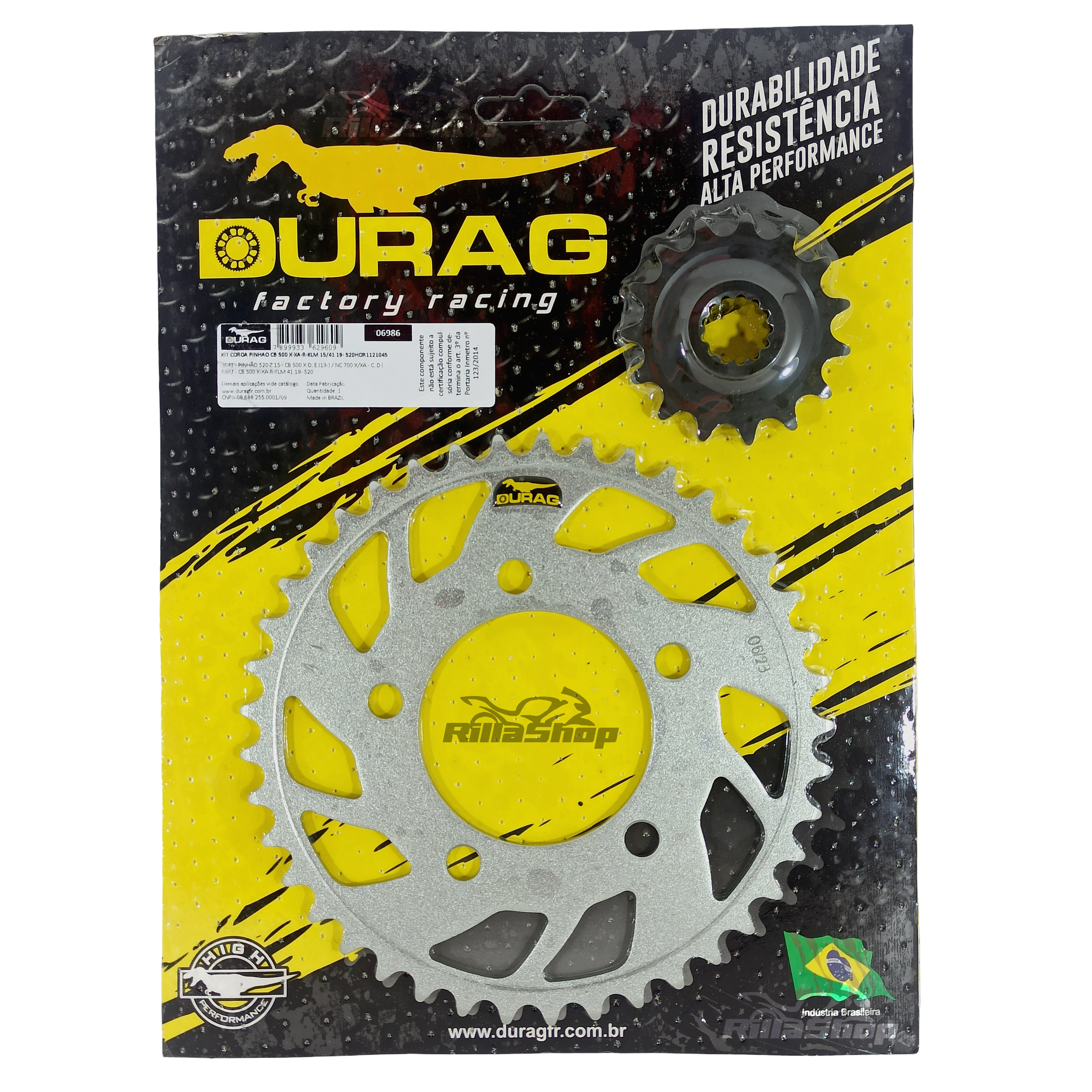 Kit Coroa E Pinhão Durag 520 41/15 Honda Cb 500 X 19/24 Cb 500 F 22/24 Cbr 500 R 22/23 Cl 500 23/24 Cmx 500 Rebel 17/23