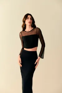 Top Corset Cropped preto com Tule Transparente | Elegância Refinada para Ocasiões Especiais - imagem 1