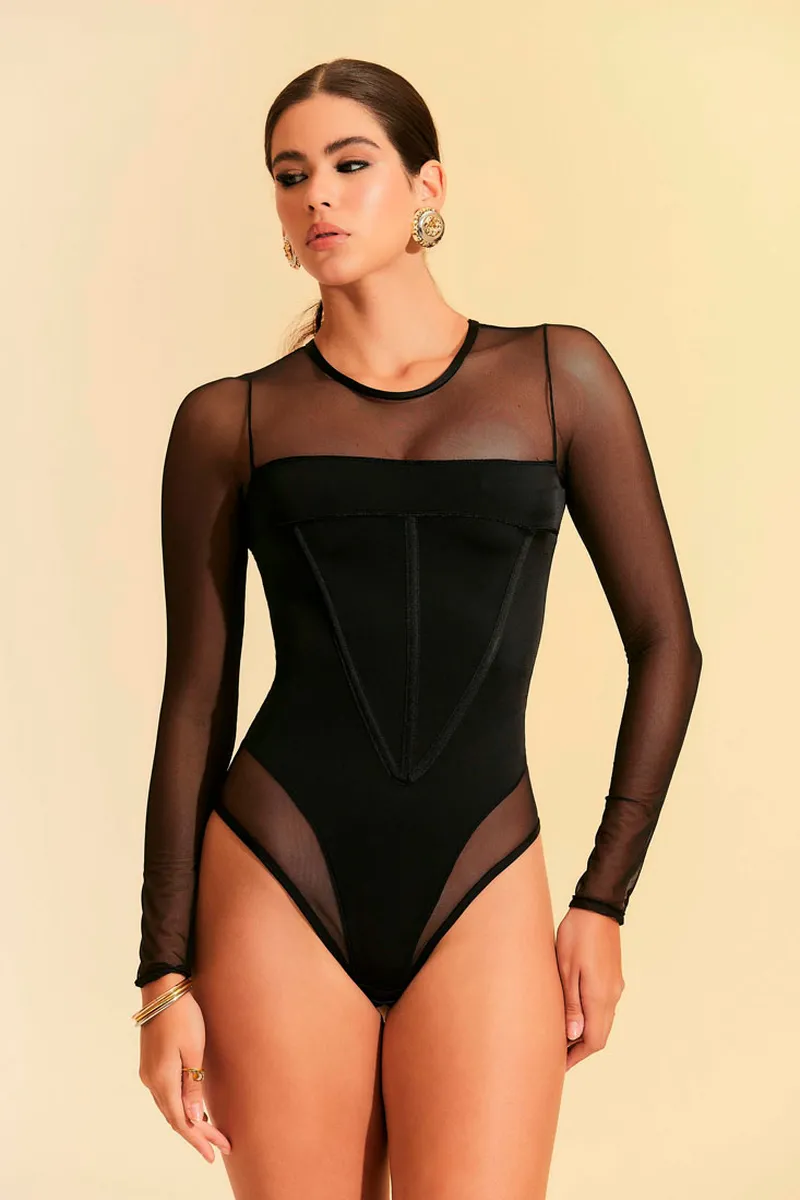 Body Magnificent Tule Transparente (Manga Longa)