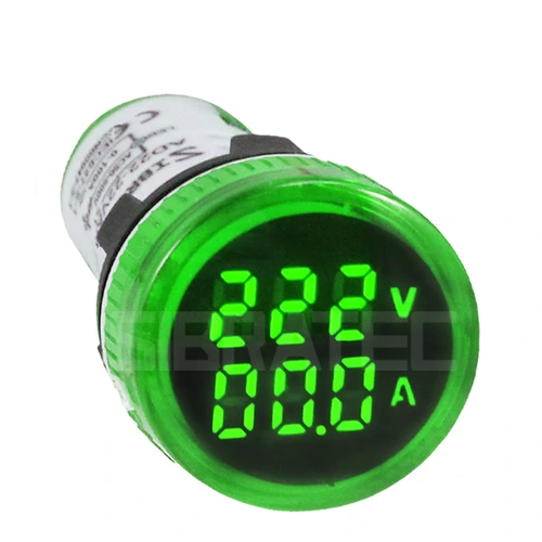 Voltímetro / Amperímetro Digital 22mm Verde AD22-22 V/AMP-G 60-500Vca / 0-100A SIBRATEC