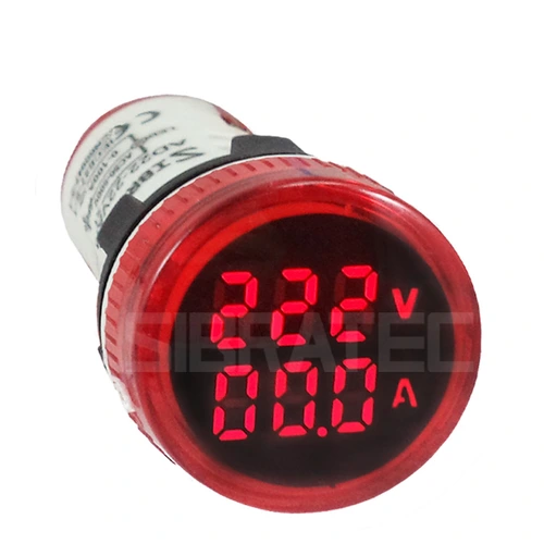 Voltímetro / Amperímetro Digital 22mm Vermelho AD22-22 V/AMP-R 60-500Vca / 0-100A SIBRATEC