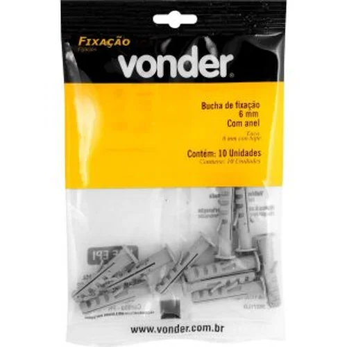 Bucha de nylon para fixação 6 mm, com anel, VONDER