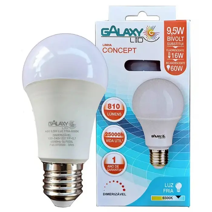 Lâmpada LED 9,5W Bulbo Dimerizável 6500K Branca Fria Galaxy