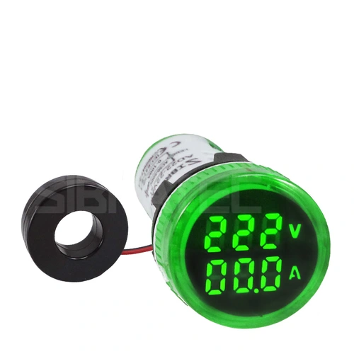 Voltímetro / Amperímetro Digital 22mm Verde AD22-22 V/AMP-G 60-500Vca / 0-100A SIBRATEC