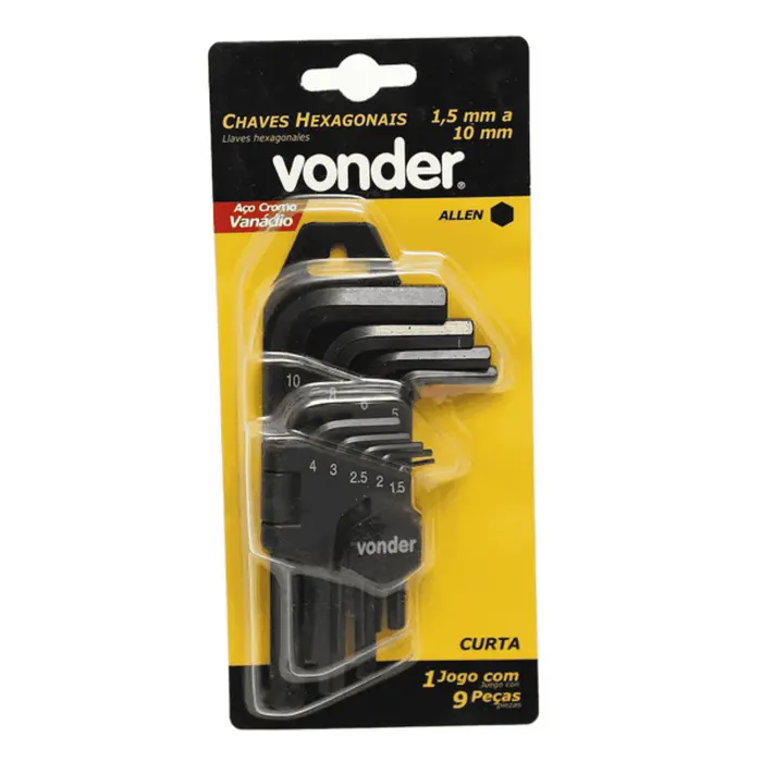 Jogo de chaves hexagonais (allen) curta, 1,5 mm a 10 mm, com 9 peças, VONDER