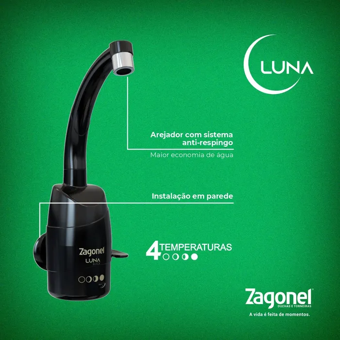 Torneira Elétrica Luna 5500W 127V Preto Zagonel 