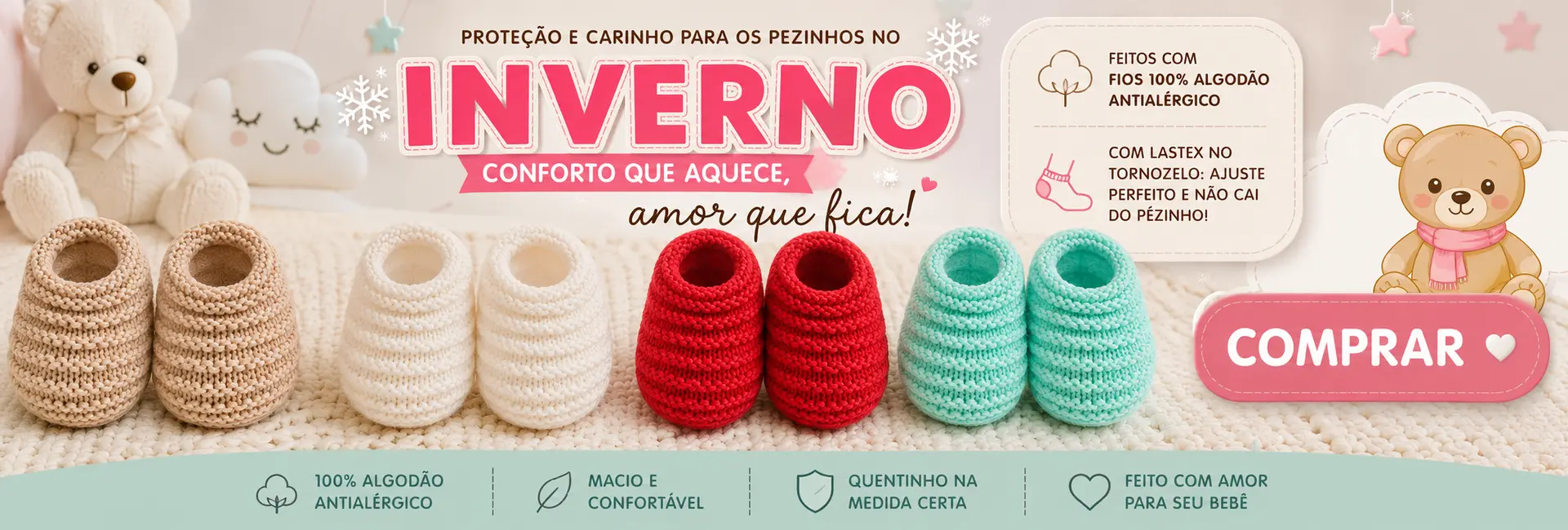 Banner Sapatinhos de Bebê Lã Tricô Antialérgico para o Inverno na promoção na Lojinha Uai 
