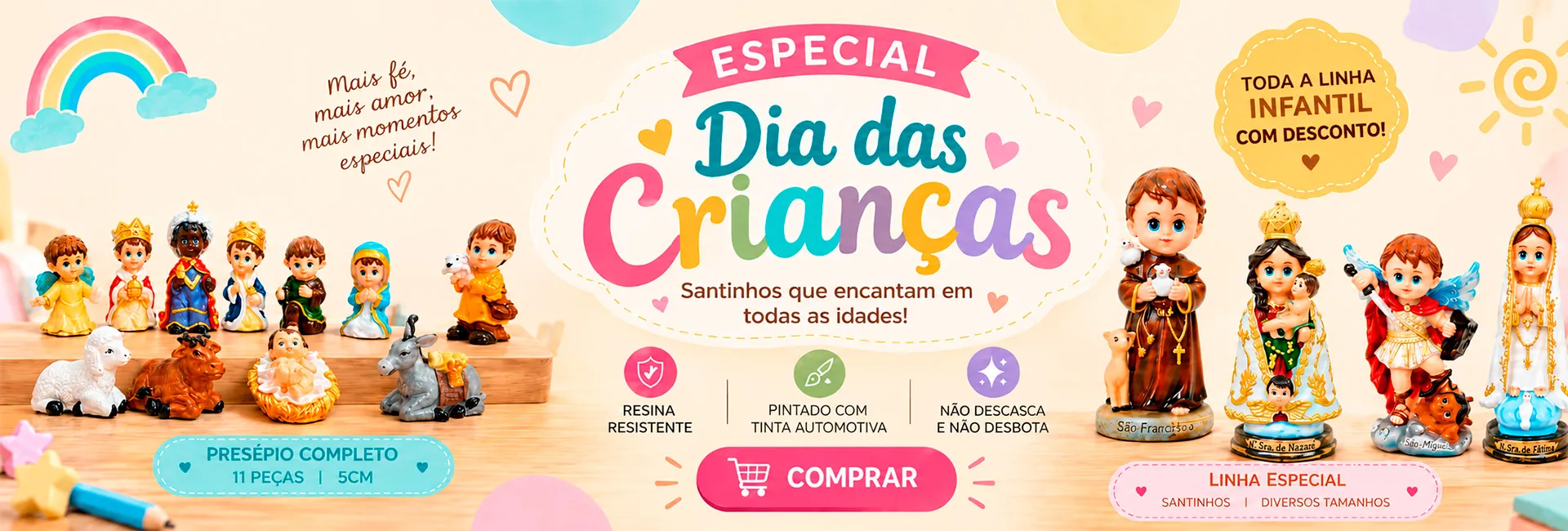 Banner Dia das Crianças com Santinhos de Resina Baby e Presépio Completo na Lojinha Uai