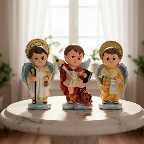 Kit Trio de Arcanjos São Miguel São Rafael São Gabriel Infantil de Resina - 15 cm