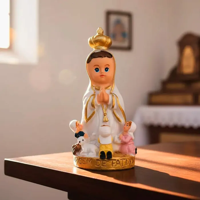 Imagem de Nossa Senhora de Fátima com Pastores Infantil de Resina - 8 cm