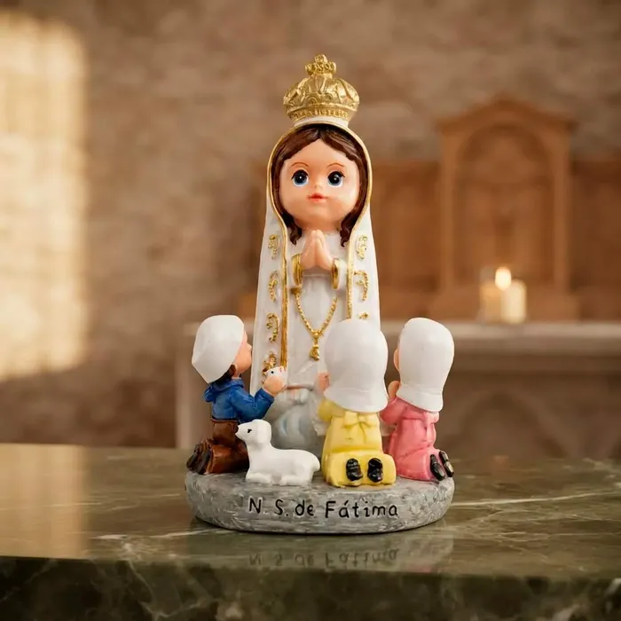 Imagem de Nossa Senhora de Fátima com Pastores Infantil de Resina - 10 cm