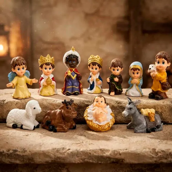 Presépio de Natal Completo Infantil com 11 Peças de Resina - 5 cm