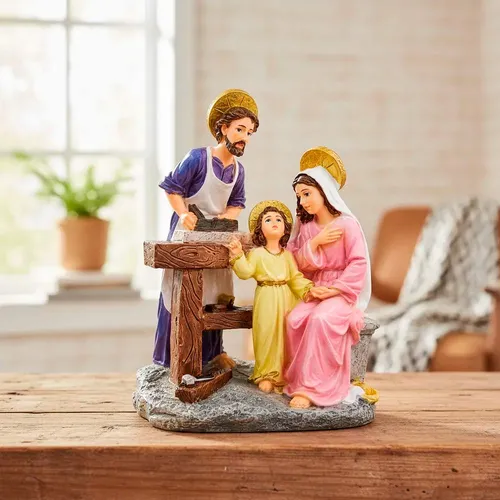 Imagem de São José Carpinteiro com Maria e Menino Jesus de Resina - 13 cm