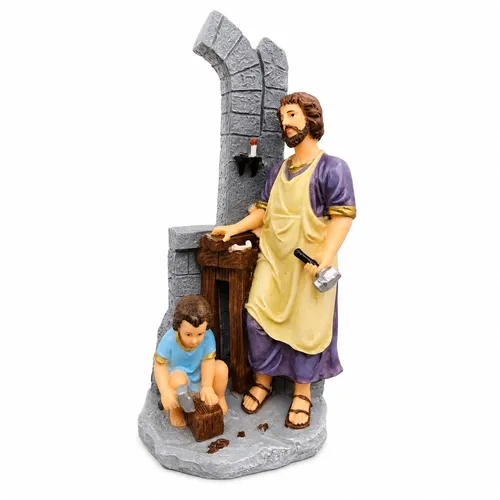 Imagem de São José Operário com Jesus na Carpintaria de Resina - 20 cm
