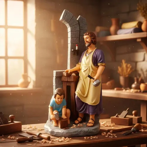 Imagem de São José Operário com Jesus na Carpintaria de Resina - 20 cm