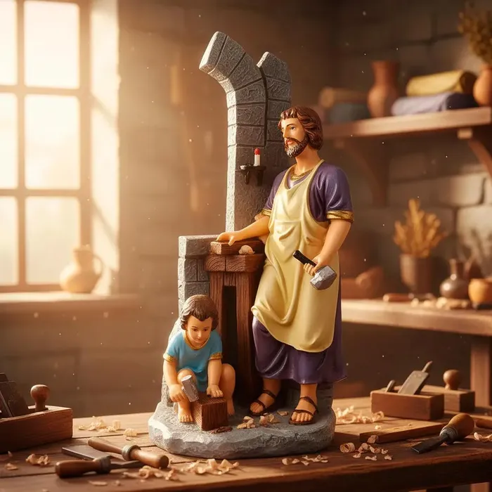Imagem de São José Operário com Jesus na Carpintaria de Resina - 20 cm