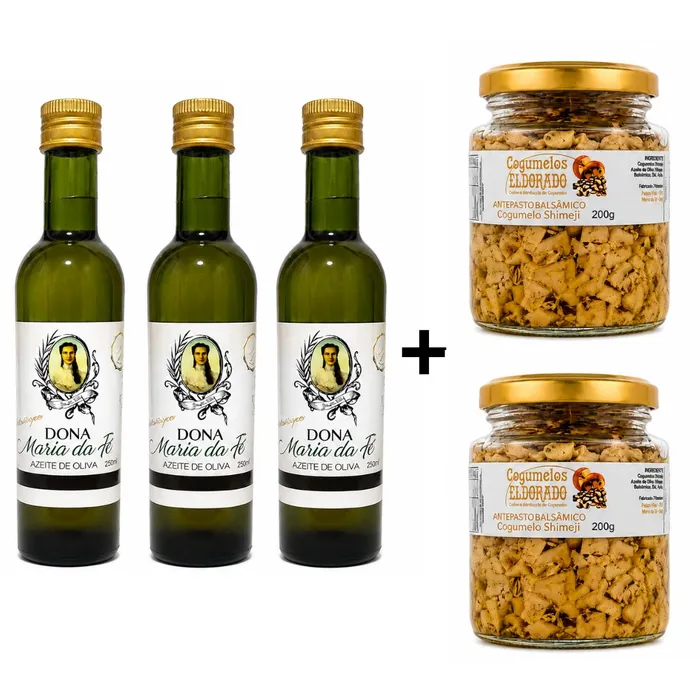 Kit 3 Azeites Extra Virgem Maria da Fé 250ml + 2 Antepasto de Cogumelo Shimeji
