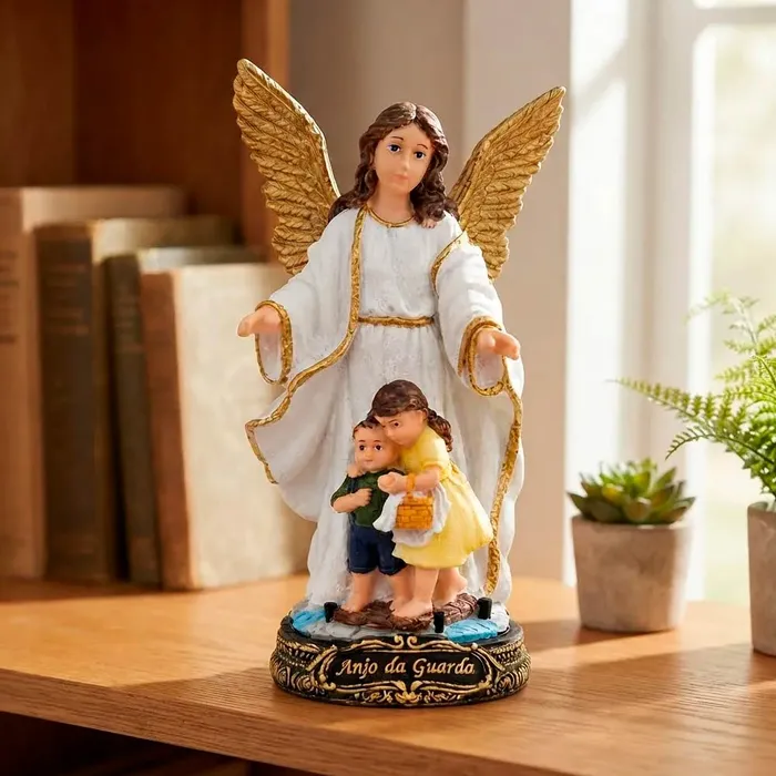 Imagem de Anjo da Guarda Branco com Dourado de Resina - 15 cm