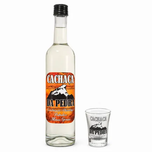 Kit Cachaça Prata da Pedra 500ml (Branca) + Copo de Shot/Dose 50 ml Sortido